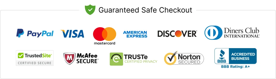 Logos of various payment methods and security standards on a white background